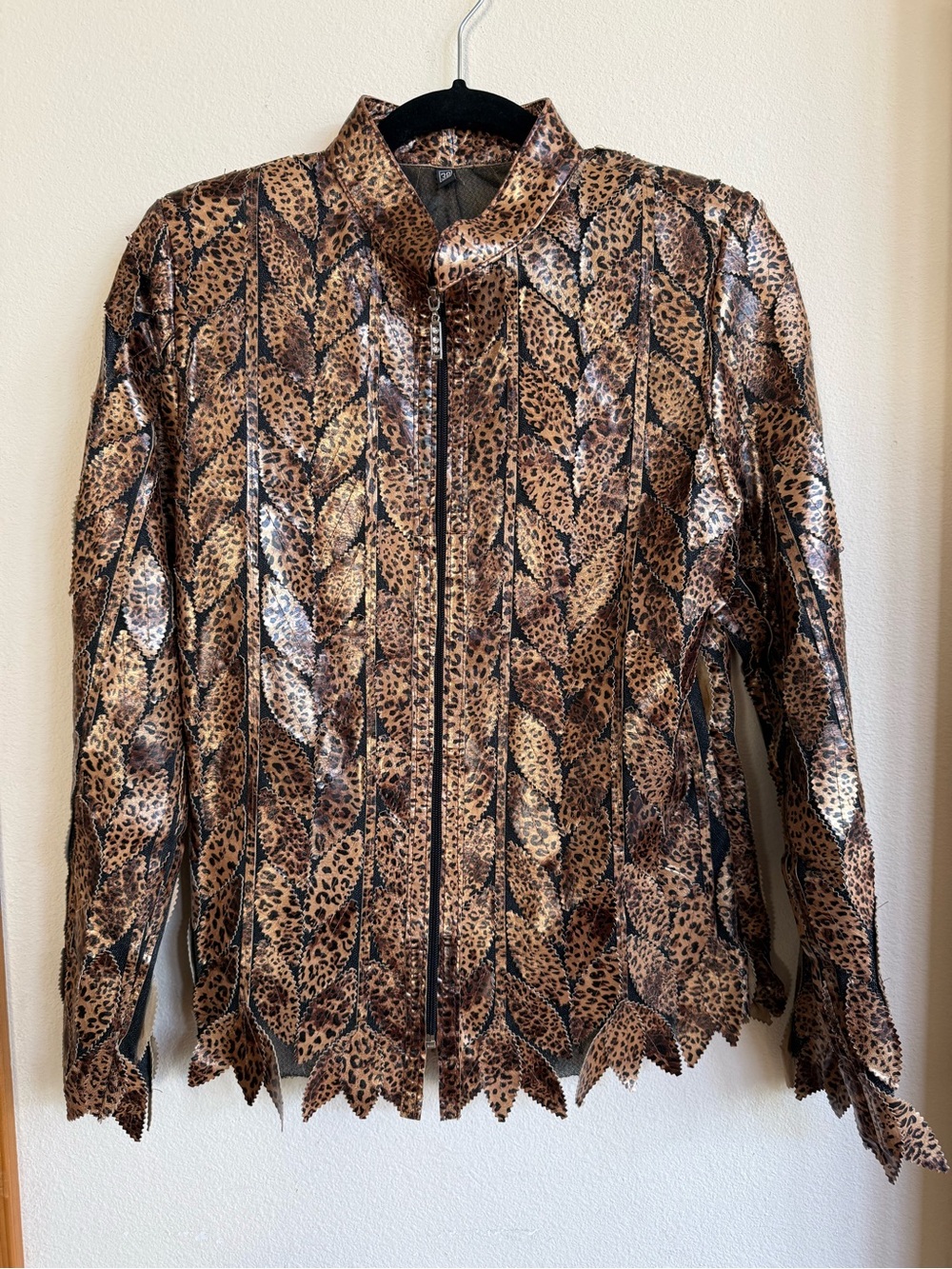 VTG Handmade Leather Leopard Leaf Mesh Zip Jacket 90s Y2K Festival Wear 38 S/M
